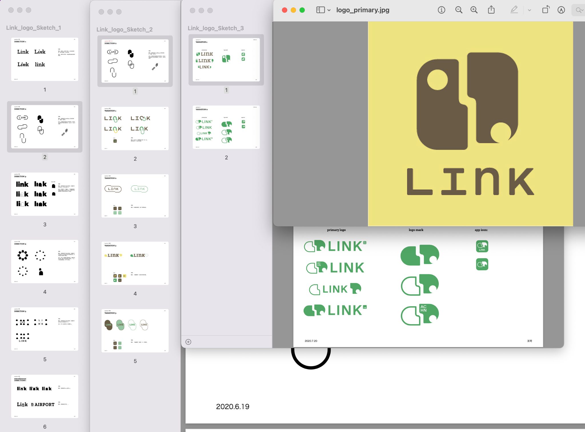 The Link logo design process with sketches, variations, and the selected identity