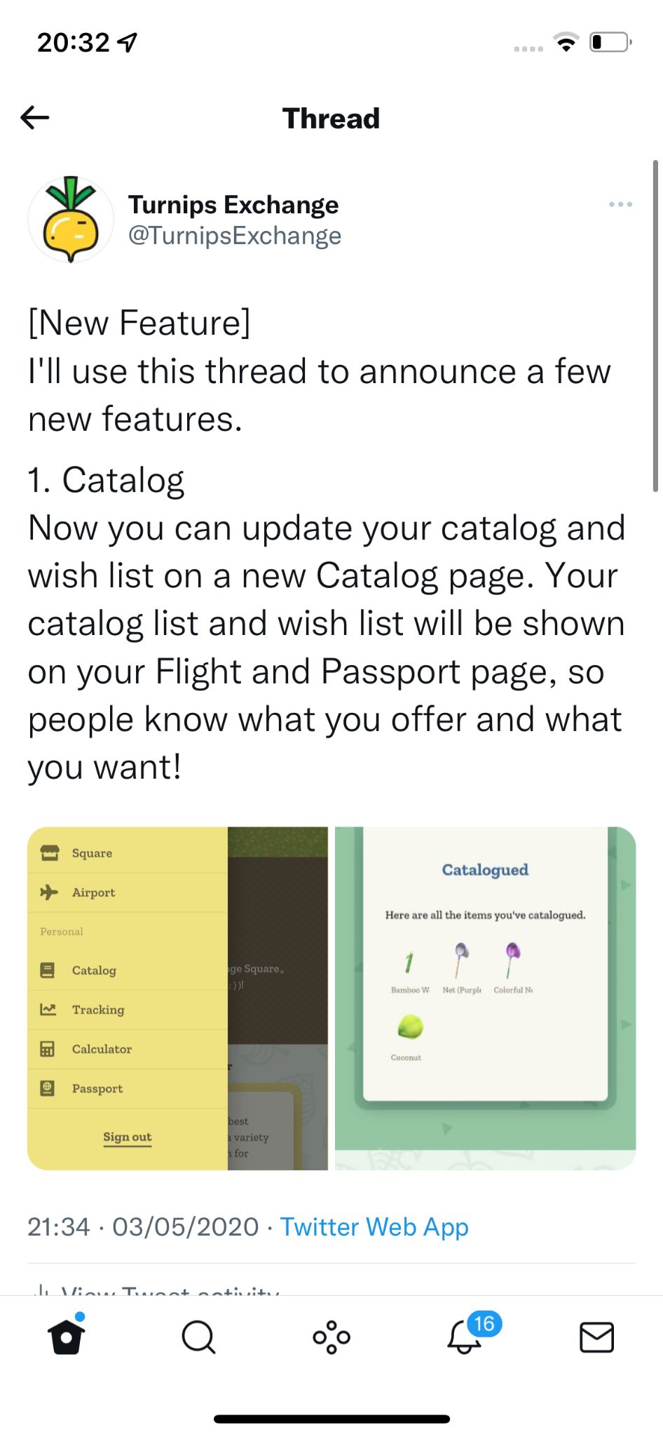 A Twitter announcement introducing the Turnips Exchange item catalog