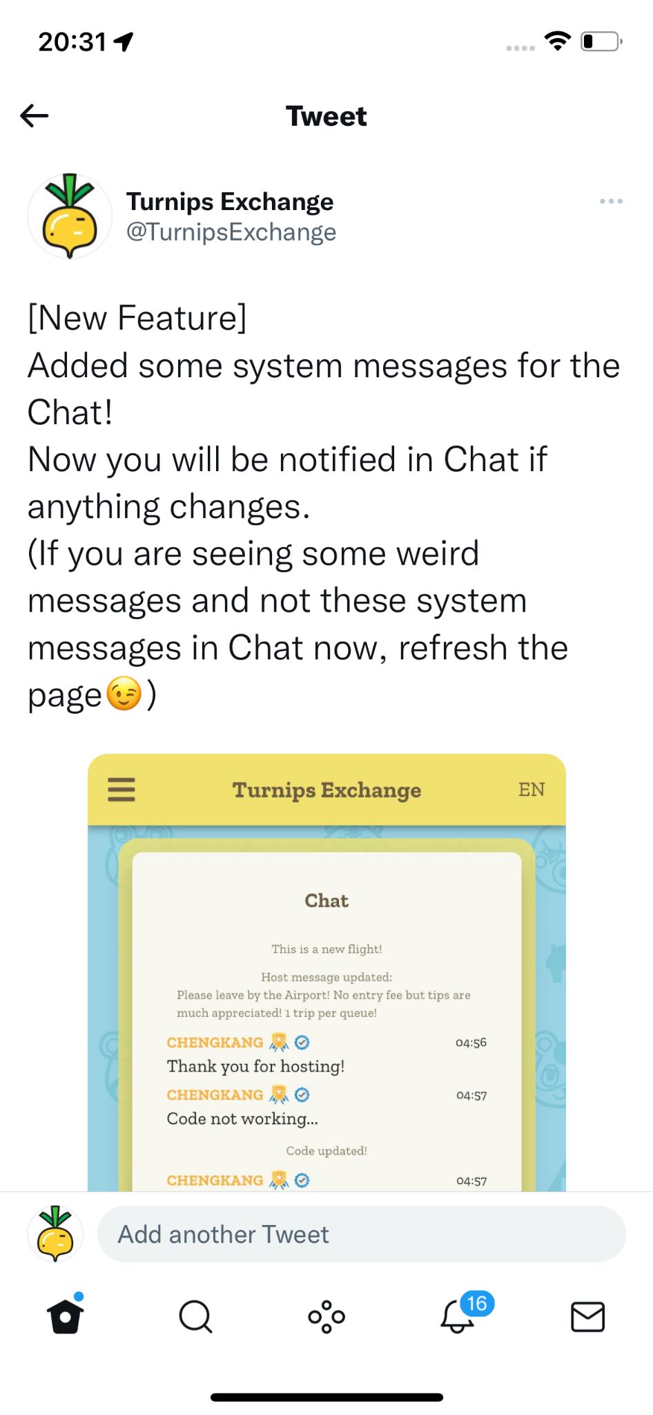 A Twitter announcement showing system messages in Turnips Exchange chat